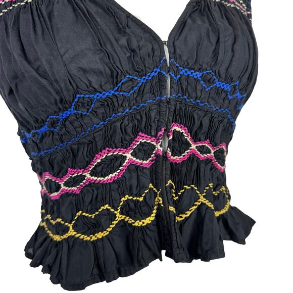 Free People | Black Love Dove Colorful Embroidered Smocked Cropped Tank Top - Picture 9 of 14